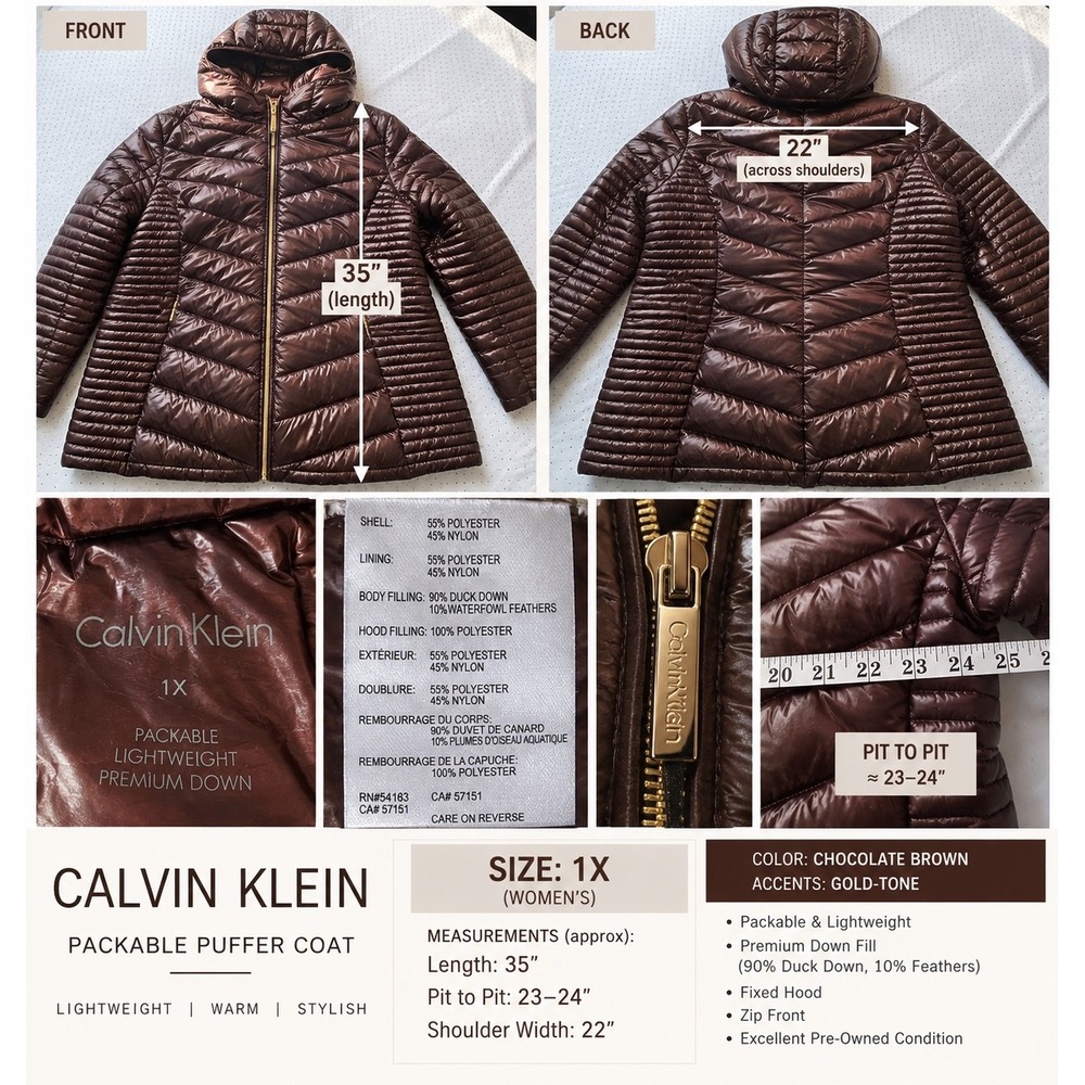 Calvin Klein 1X Chocolate Brown Packable Down Puffer Coat Hooded Gold Zip